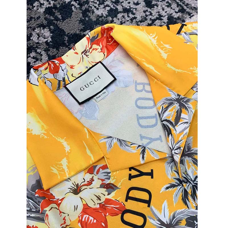 G*u*i gg men printed cotton bowling shirt yellow red poplin short sleeves
