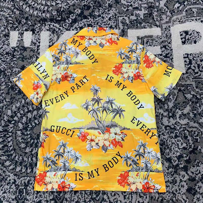 G*u*i gg men printed cotton bowling shirt yellow red poplin short sleeves