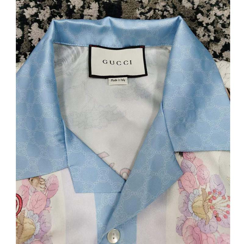 G*u*i gg women tiger bowling shirt flower print ivory silk crepe loose fit