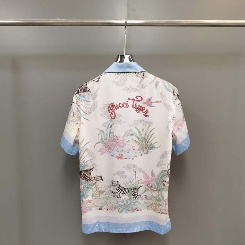 G*u*i gg women tiger bowling shirt flower print ivory silk crepe loose fit
