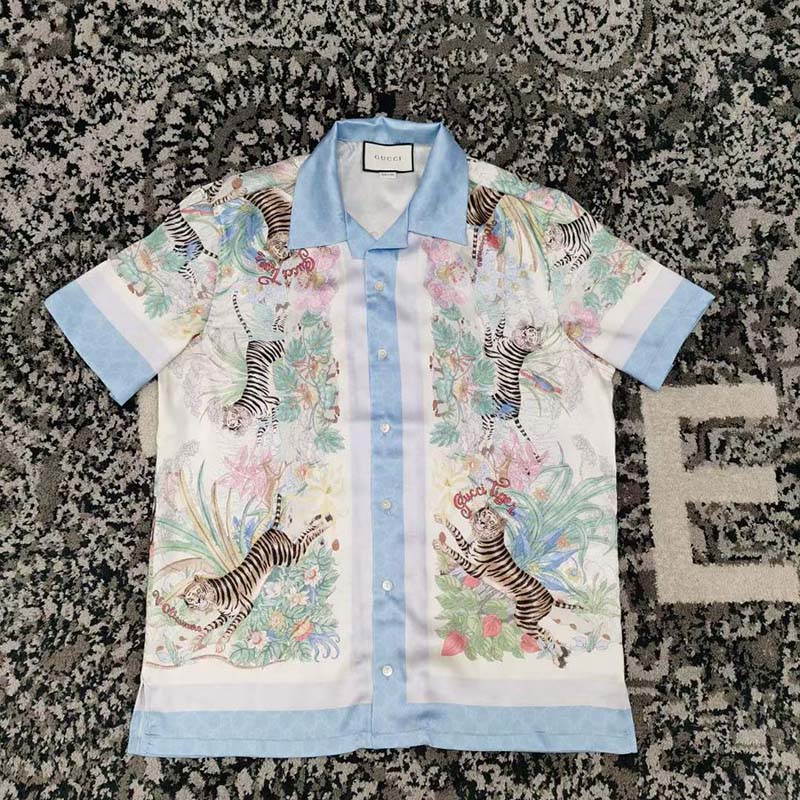 G*u*i gg women tiger bowling shirt flower print ivory silk crepe loose fit
