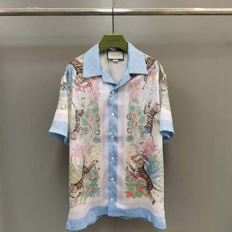 G*u*i gg women tiger bowling shirt flower print ivory silk crepe loose fit