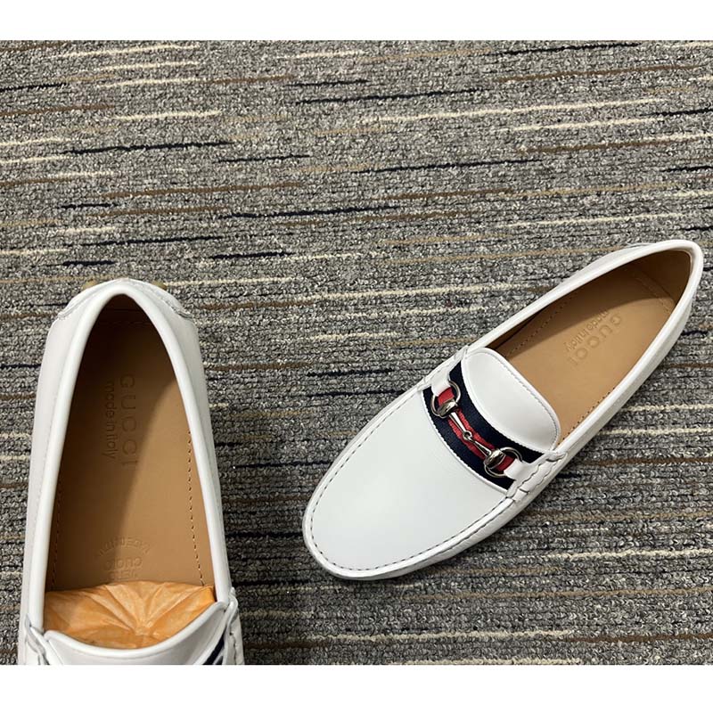 G*u*i men horsebit loafer white square toe leather sole low heel