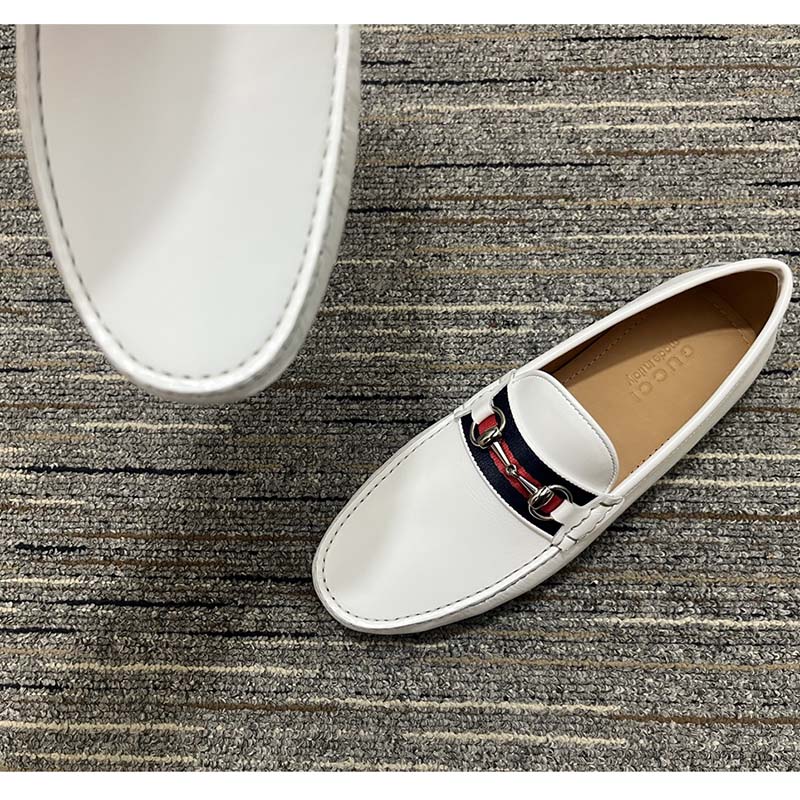 G*u*i men horsebit loafer white square toe leather sole low heel