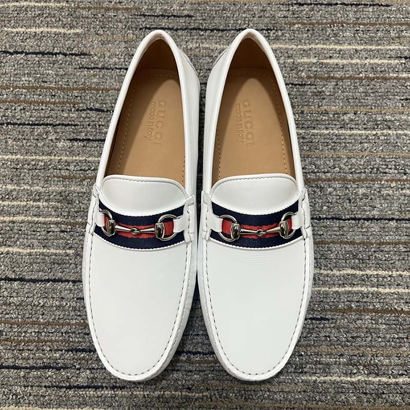 G*u*i men horsebit loafer white square toe leather sole low heel