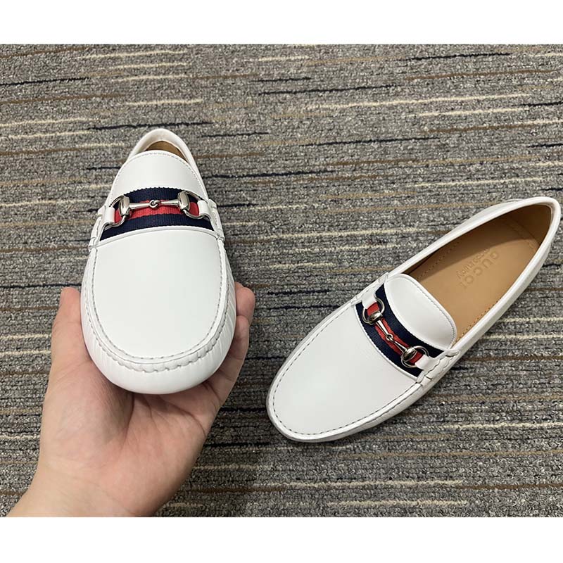G*u*i men horsebit loafer white square toe leather sole low heel