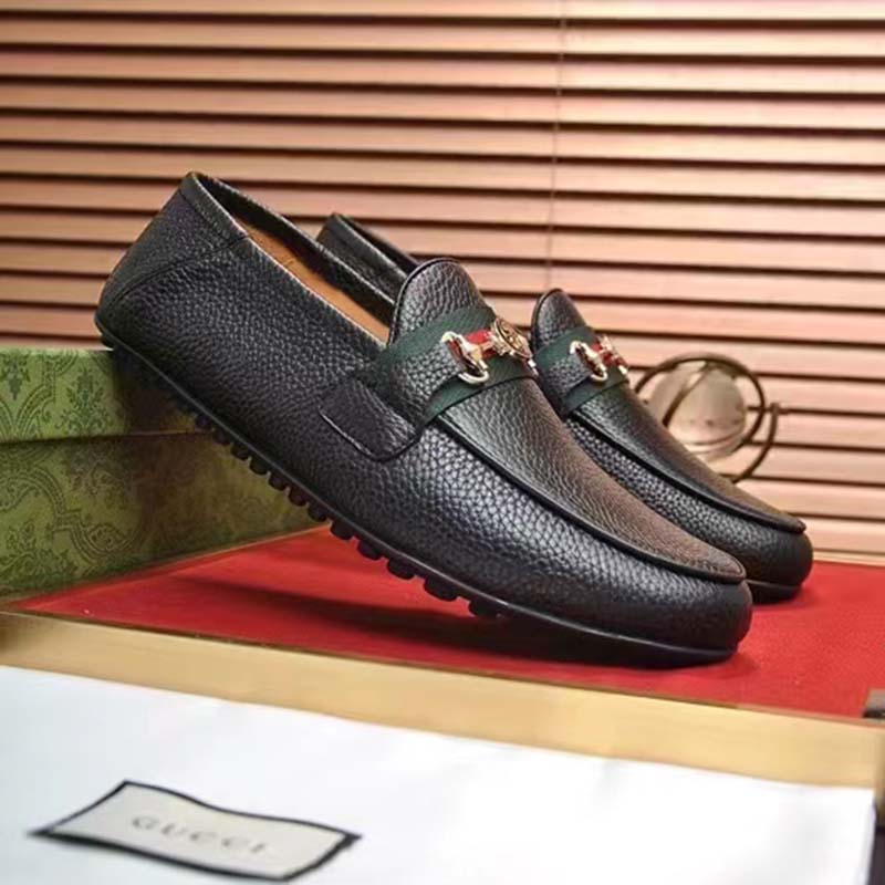 G*u*i men leather driver web black soft calf enameled interlocking g horsebit
