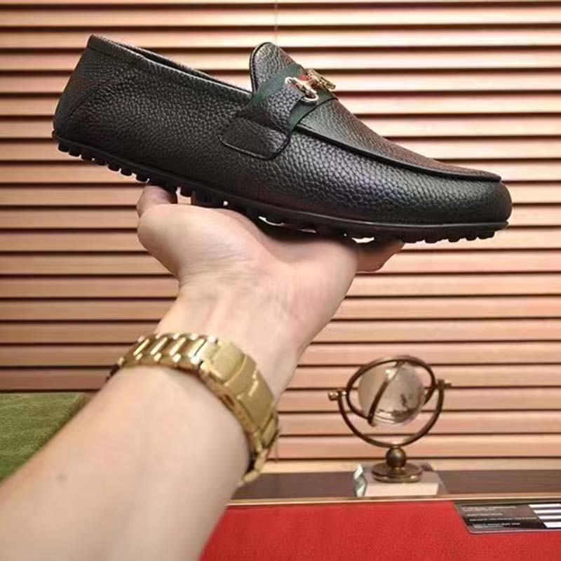 G*u*i men leather driver web black soft calf enameled interlocking g horsebit
