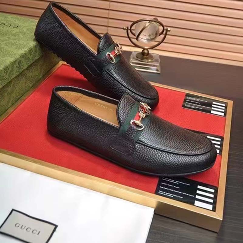 G*u*i men leather driver web black soft calf enameled interlocking g horsebit