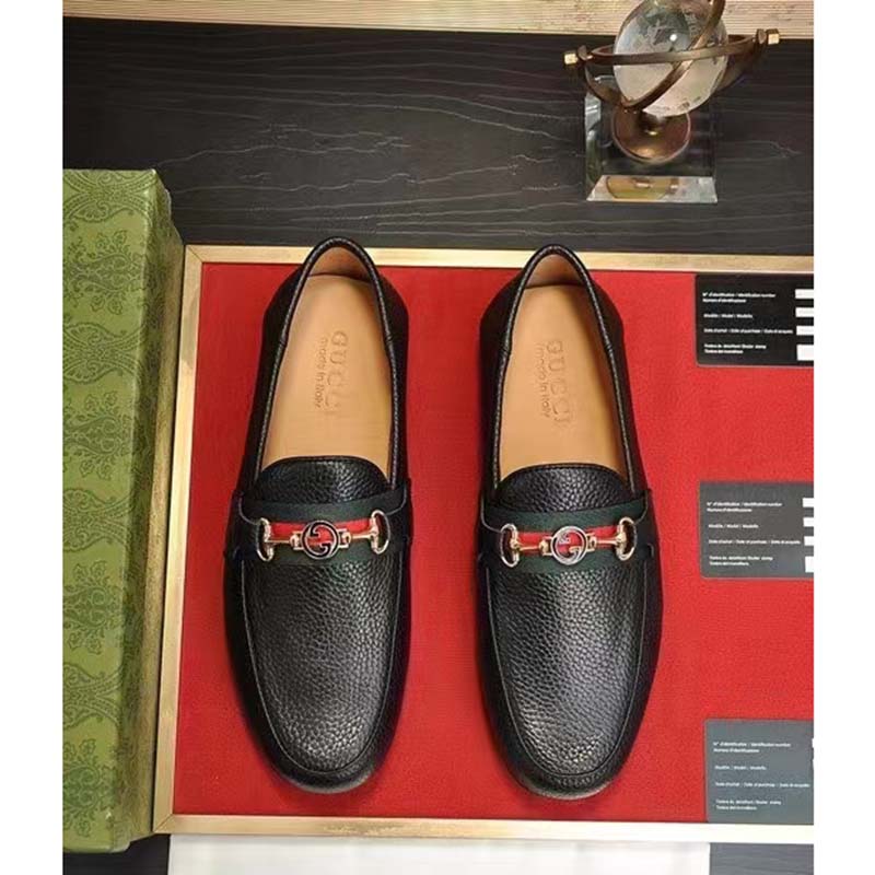G*u*i men leather driver web black soft calf enameled interlocking g horsebit