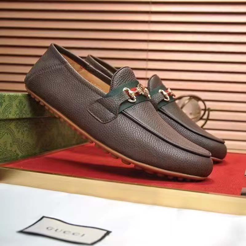 G*u*i men leather driver web cocoa soft calf enameled interlocking g horsebit