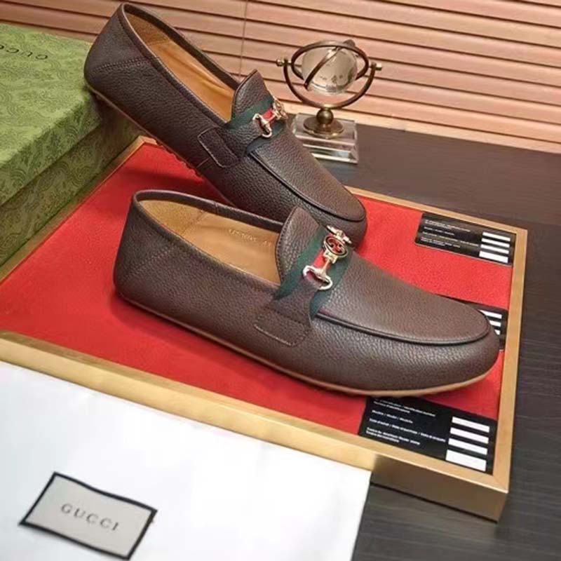 G*u*i men leather driver web cocoa soft calf enameled interlocking g horsebit