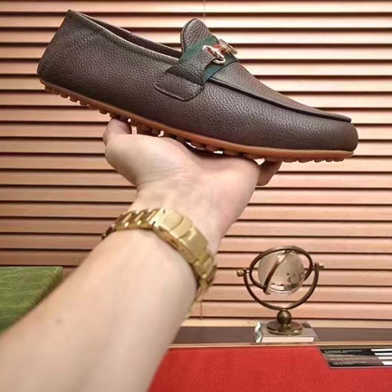 G*u*i men leather driver web cocoa soft calf enameled interlocking g horsebit