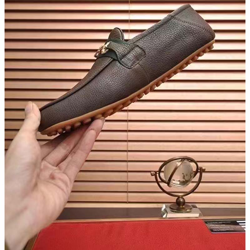 G*u*i men leather driver web cocoa soft calf enameled interlocking g horsebit