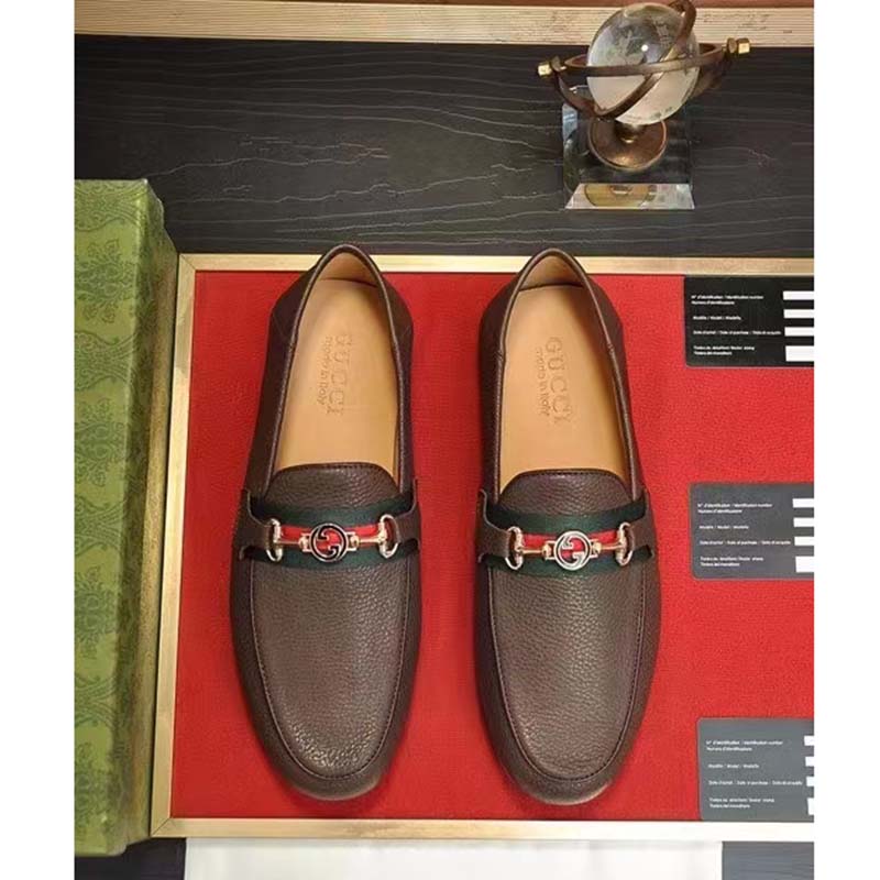 G*u*i men leather driver web cocoa soft calf enameled interlocking g horsebit