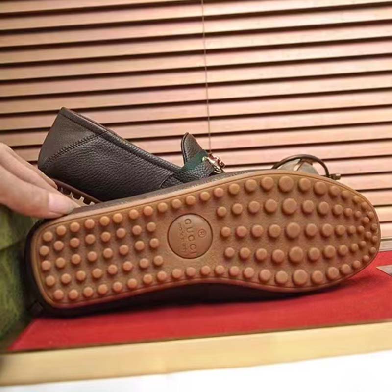 G*u*i men leather driver web cocoa soft calf enameled interlocking g horsebit
