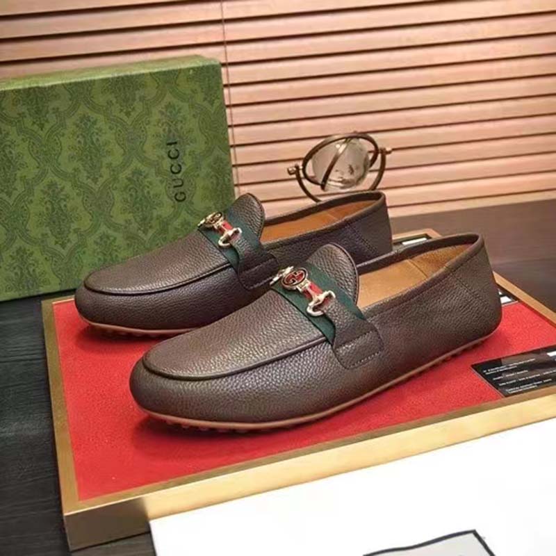 G*u*i men leather driver web cocoa soft calf enameled interlocking g horsebit