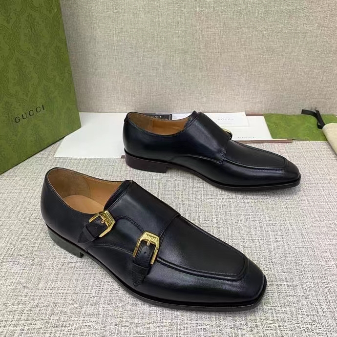 G*u*i men monk strap loafer smooth black leather buckle sole flat 2 cm heel