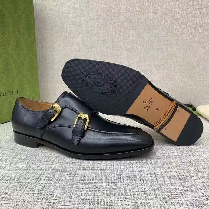 G*u*i men monk strap loafer smooth black leather buckle sole flat 2 cm heel