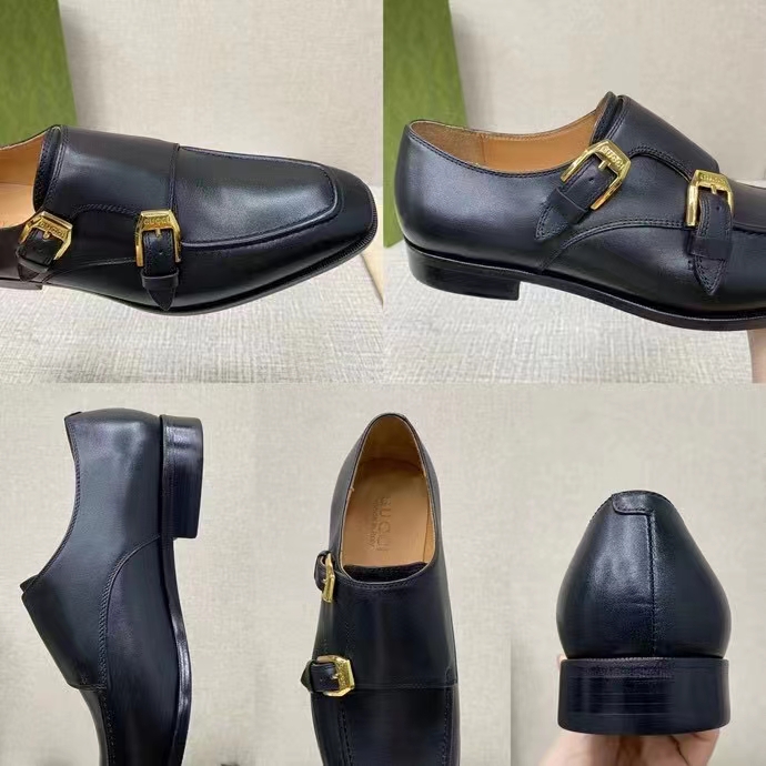 G*u*i men monk strap loafer smooth black leather buckle sole flat 2 cm heel