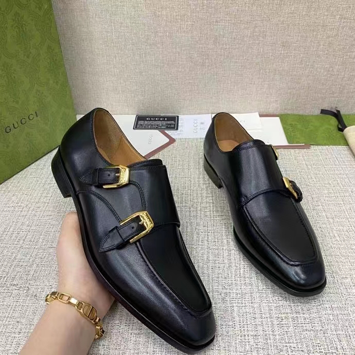 G*u*i men monk strap loafer smooth black leather buckle sole flat 2 cm heel