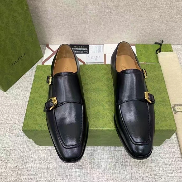 G*u*i men monk strap loafer smooth black leather buckle sole flat 2 cm heel