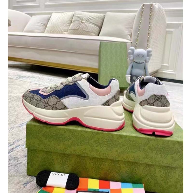 G*u*i unisex gg rhyton sneaker beige blue pink gg supreme canvas low heel