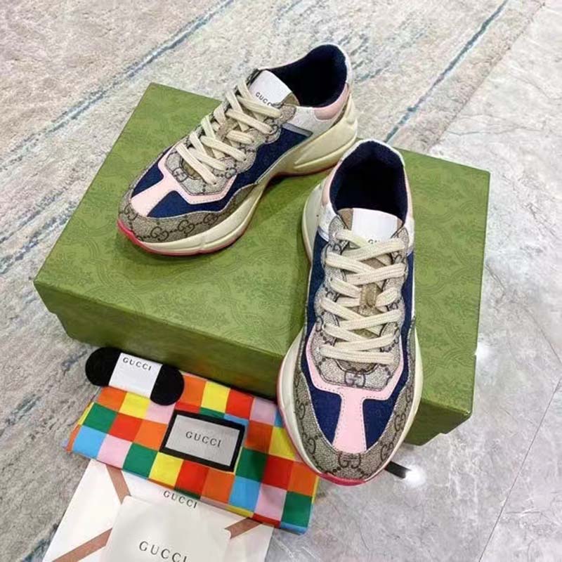 G*u*i unisex gg rhyton sneaker beige blue pink gg supreme canvas low heel