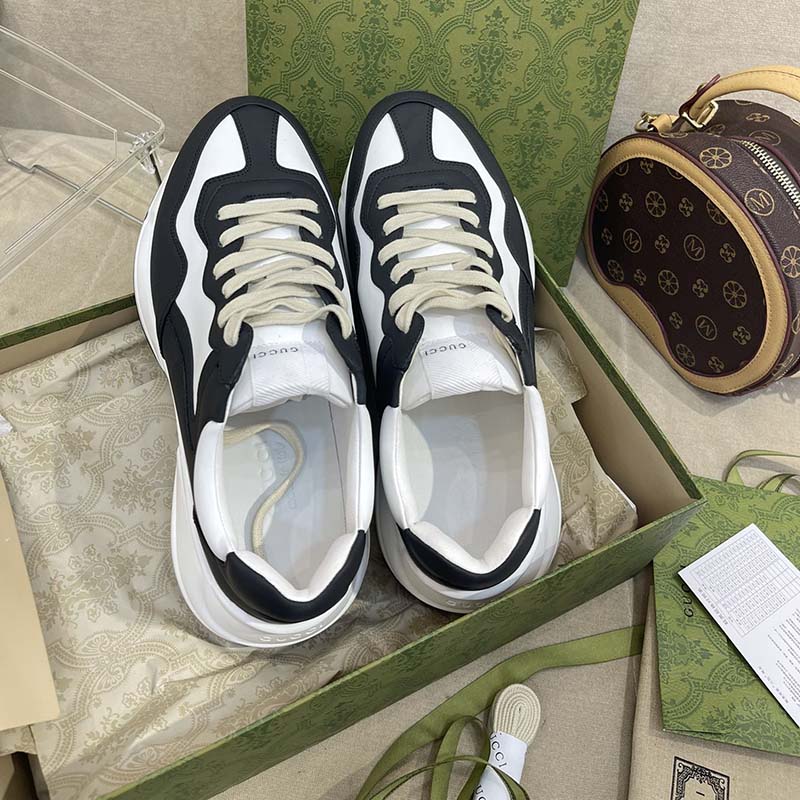 G*u*i unisex gg rhyton sneaker black white leather rubber sole 5 cm low heel