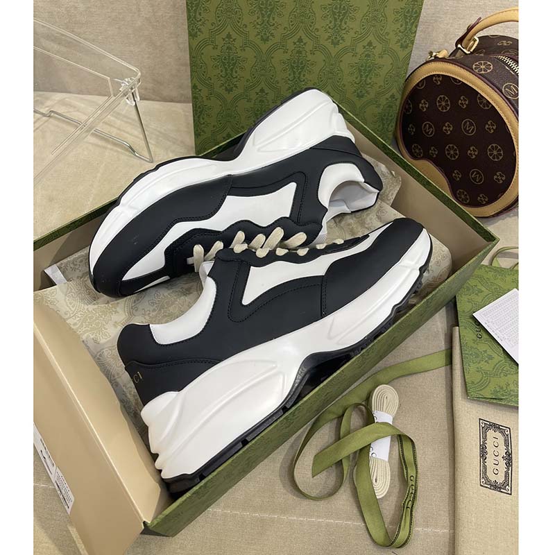 G*u*i unisex gg rhyton sneaker black white leather rubber sole 5 cm low heel