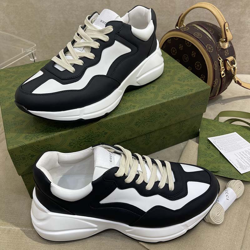 G*u*i unisex gg rhyton sneaker black white leather rubber sole 5 cm low heel