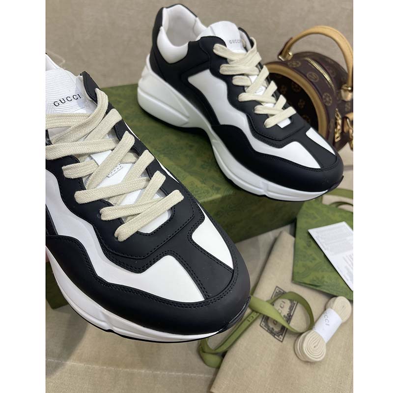 G*u*i unisex gg rhyton sneaker black white leather rubber sole 5 cm low heel