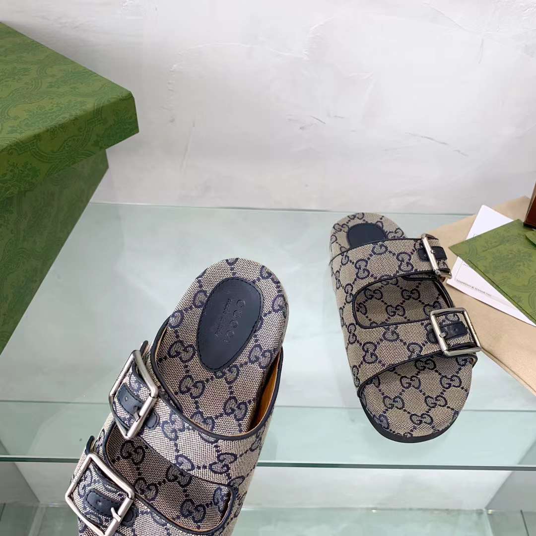 G*u*i unisex gg slide sandal blue beige original gg canvas rubber sole flat