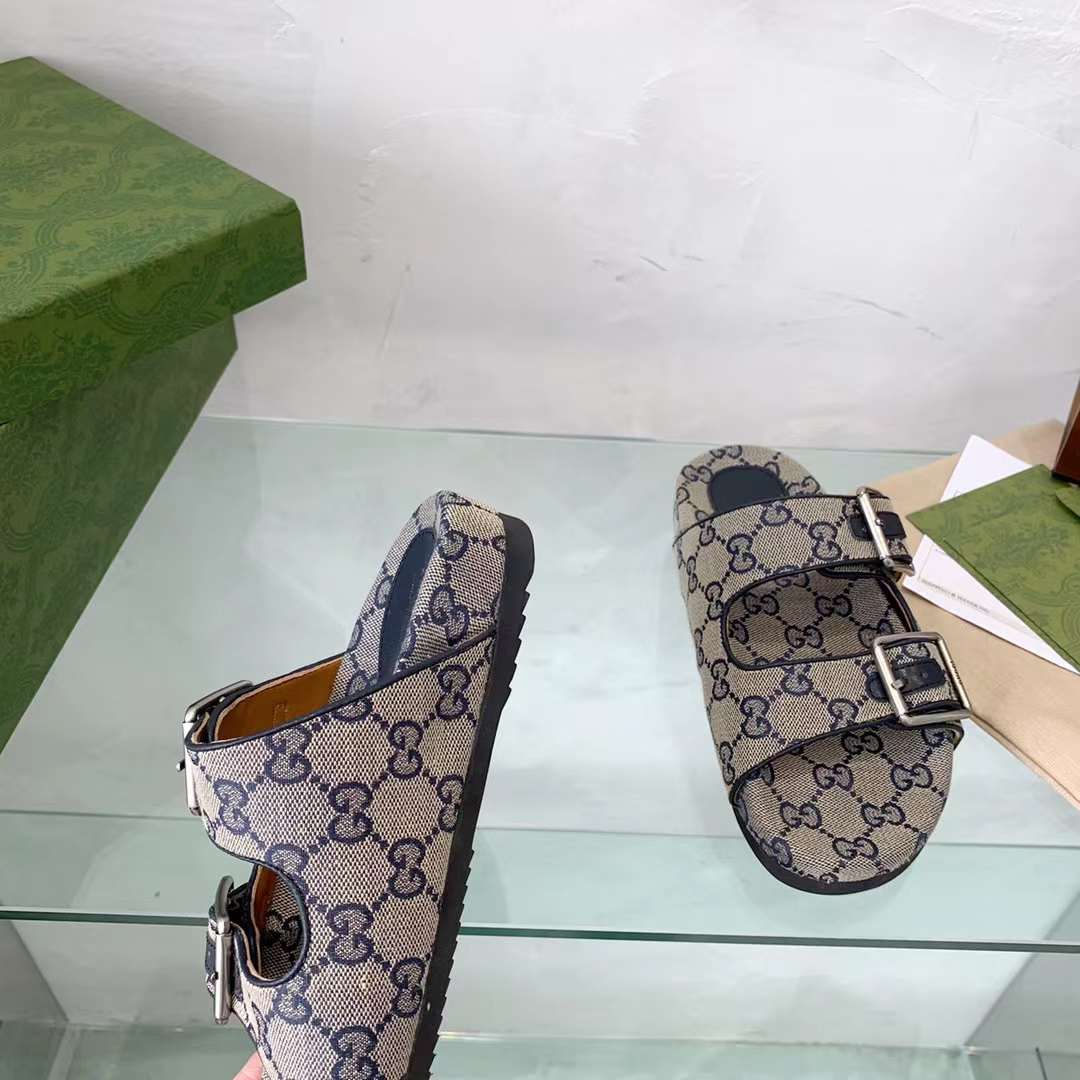 G*u*i unisex gg slide sandal blue beige original gg canvas rubber sole flat