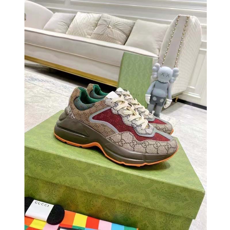 G*u*i unisex rhyton sneaker beige brick red gg supreme canvas low heel