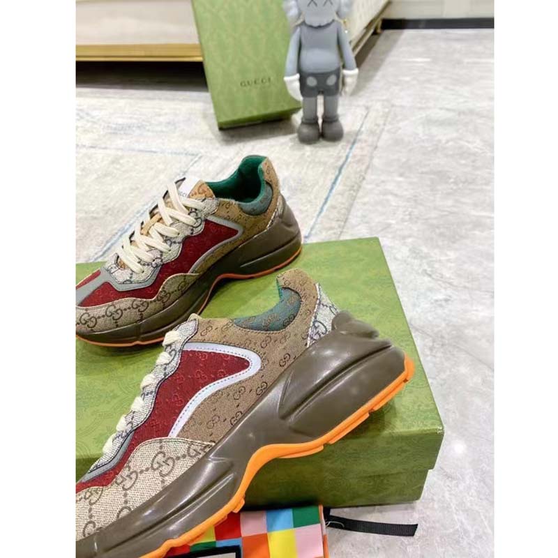 G*u*i unisex rhyton sneaker beige brick red gg supreme canvas low heel