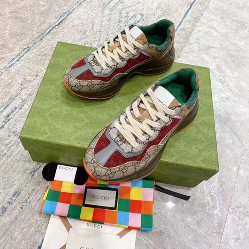 G*u*i unisex rhyton sneaker beige brick red gg supreme canvas low heel