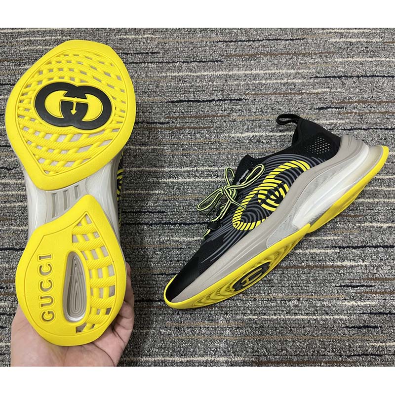 G*u*i unisex run sneaker black technical knit fabric interlocking g rubber detail