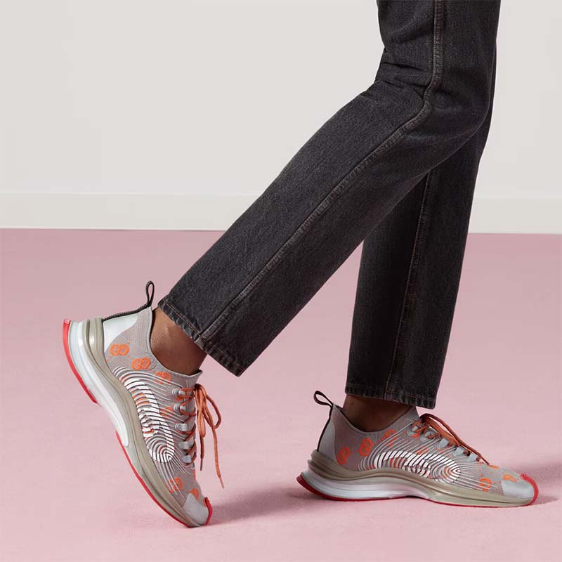 G*u*i unisex run sneaker grey orange gg technical knit fabric rubber interlocking g
