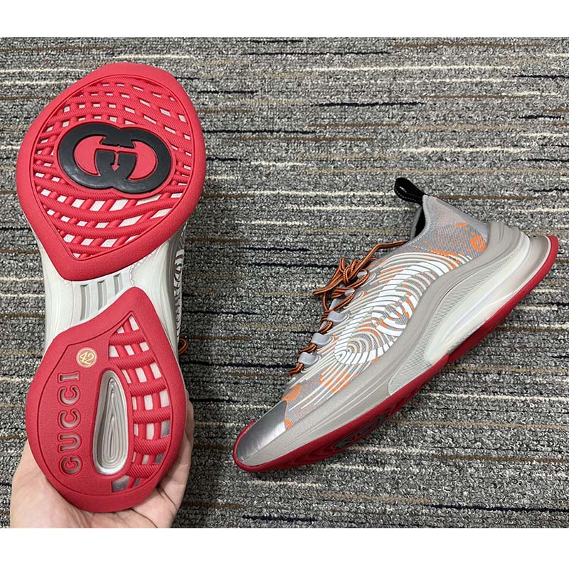 G*u*i unisex run sneaker grey orange gg technical knit fabric rubber interlocking g