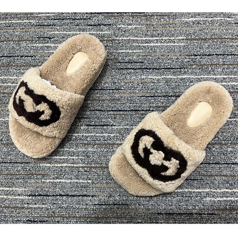 G*u*i unisex slide sandal interlocking g light brown merino wool flat
