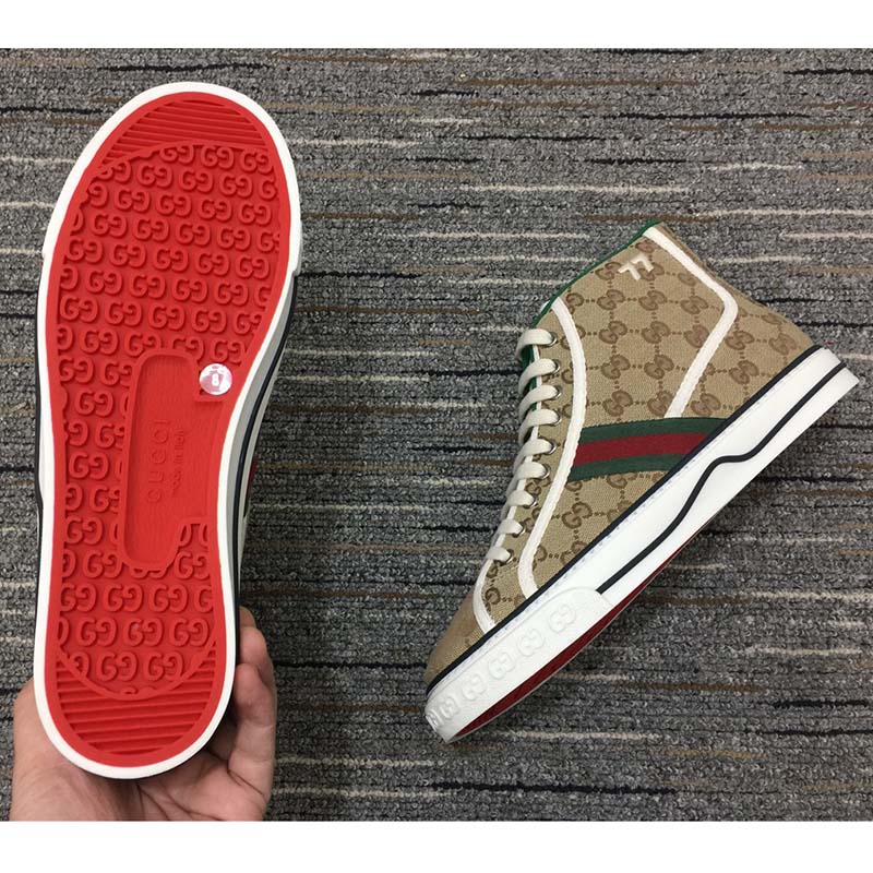 G*u*i unisex tennis 1977 high top sneaker brown rubber sole flat 2 cm heel