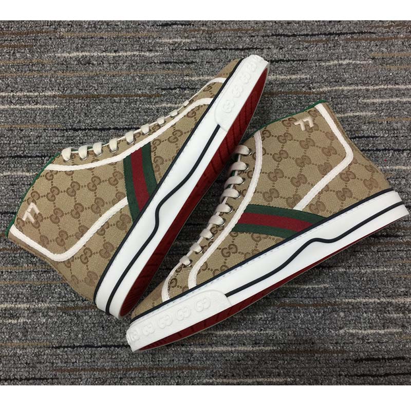 G*u*i unisex tennis 1977 high top sneaker brown rubber sole flat 2 cm heel