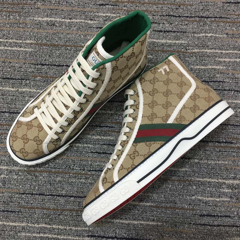 G*u*i unisex tennis 1977 high top sneaker brown rubber sole flat 2 cm heel