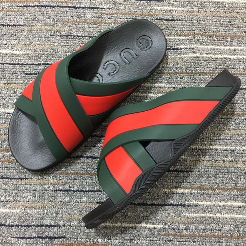 G*u*i unisex web slide sandal green red rubber web rubber sole low heel