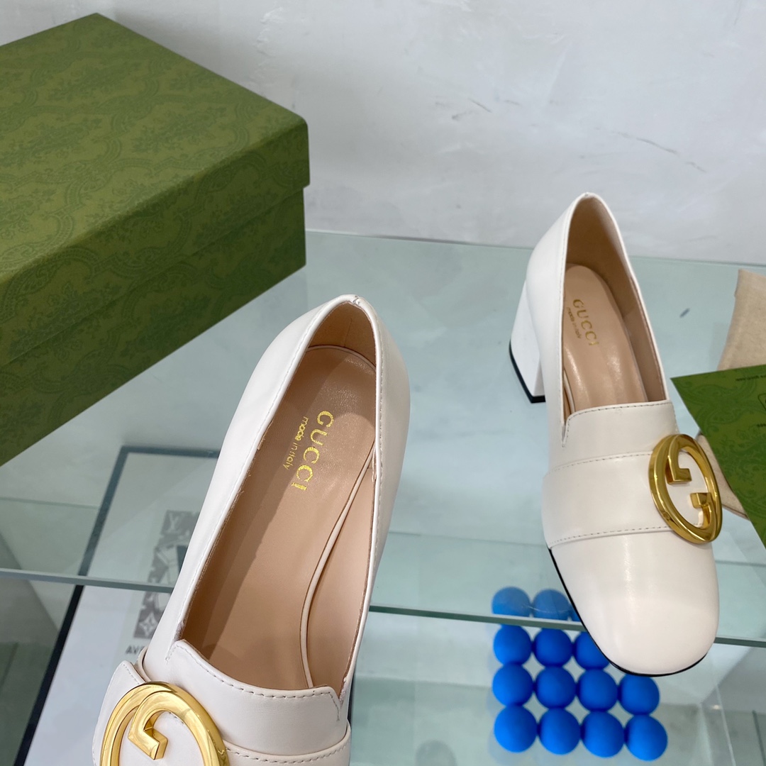 G*u*i women blonde mid-heel pump white leather round interlocking g
