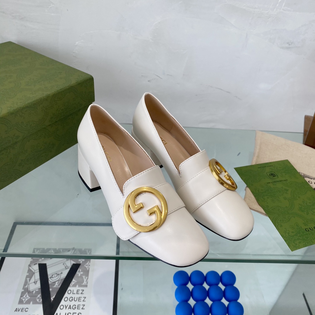 G*u*i women blonde mid-heel pump white leather round interlocking g