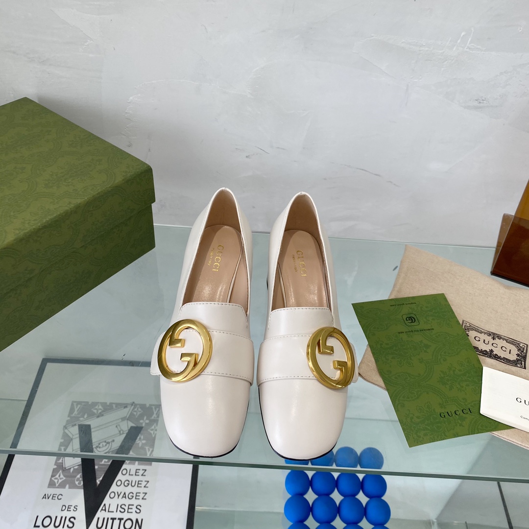 G*u*i women blonde mid-heel pump white leather round interlocking g