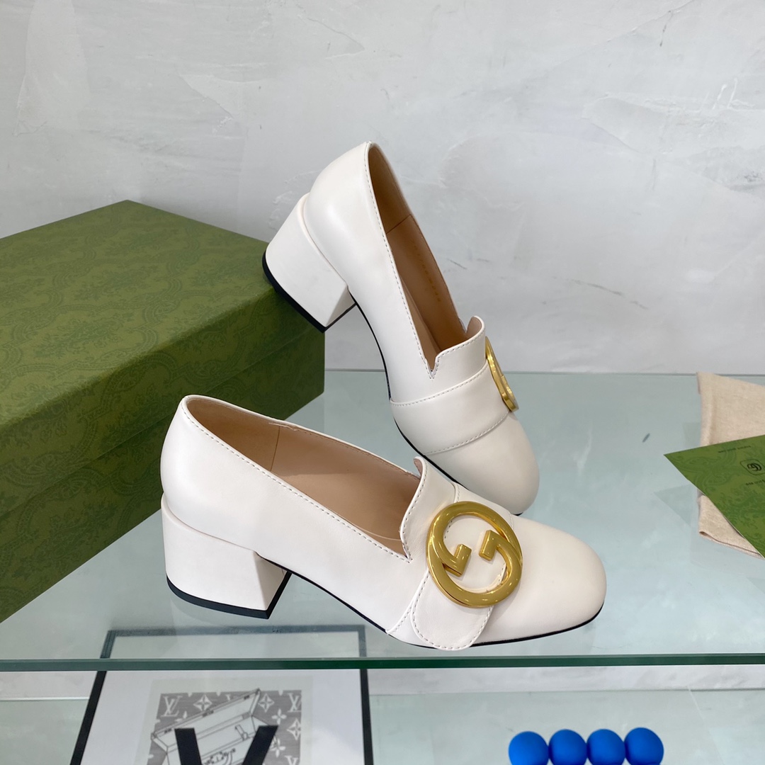 G*u*i women blonde mid-heel pump white leather round interlocking g