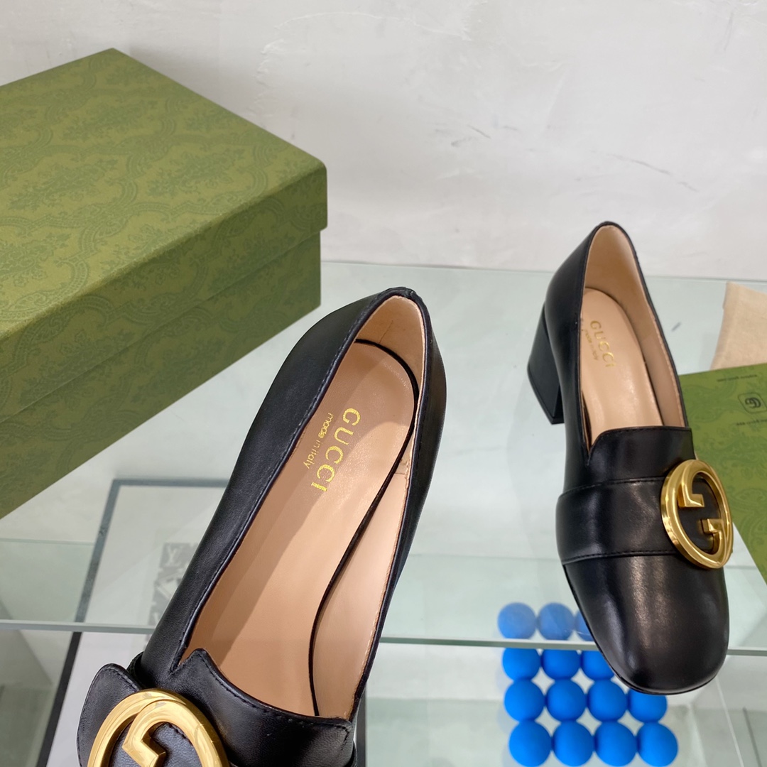 G*u*i women blondie mid-heel pump black leather round interlocking g